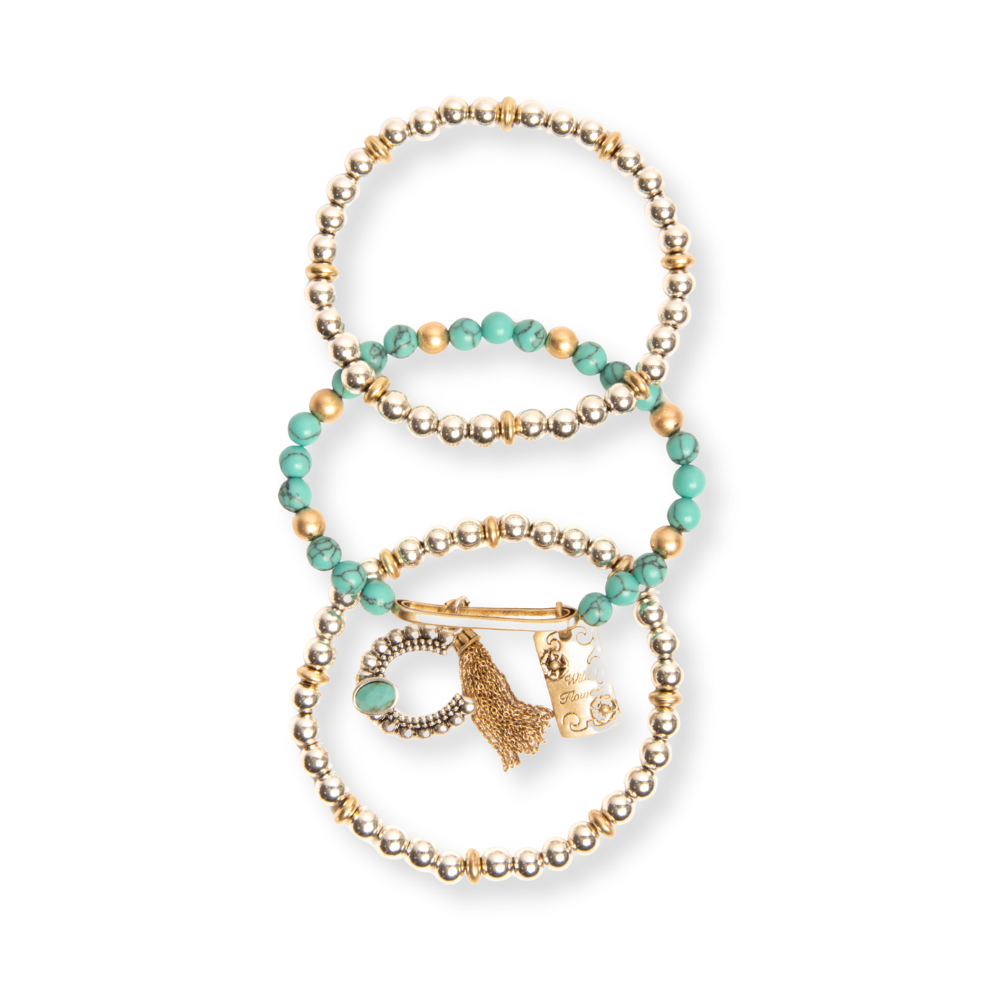 Turquoise and Silver Beaded Charm Bracelet