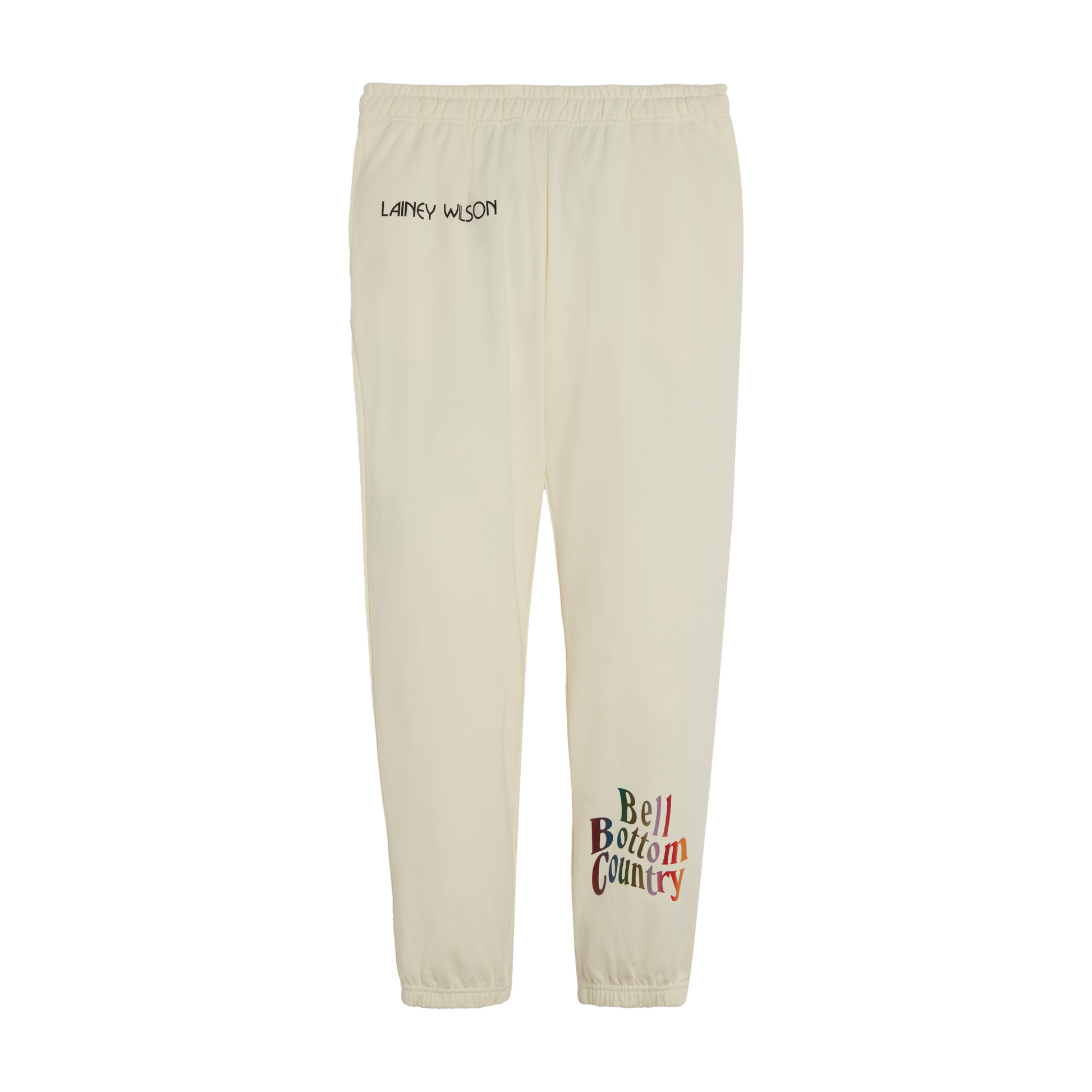 Cream-colored sweatpants with ’Lainey Wilson’ and ’Bell Bottom Country’ text printed on them.