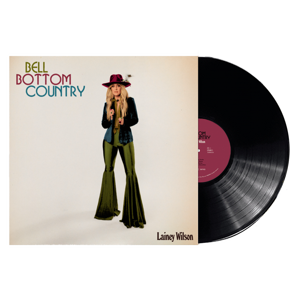 Vinyl record album cover for ’Bell Bottom Country’ by Lainey Wilson featuring a woman in 1970s-style clothing.