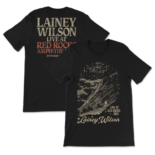 Black t-shirt with Lainey Wilson concert design on front and back.
