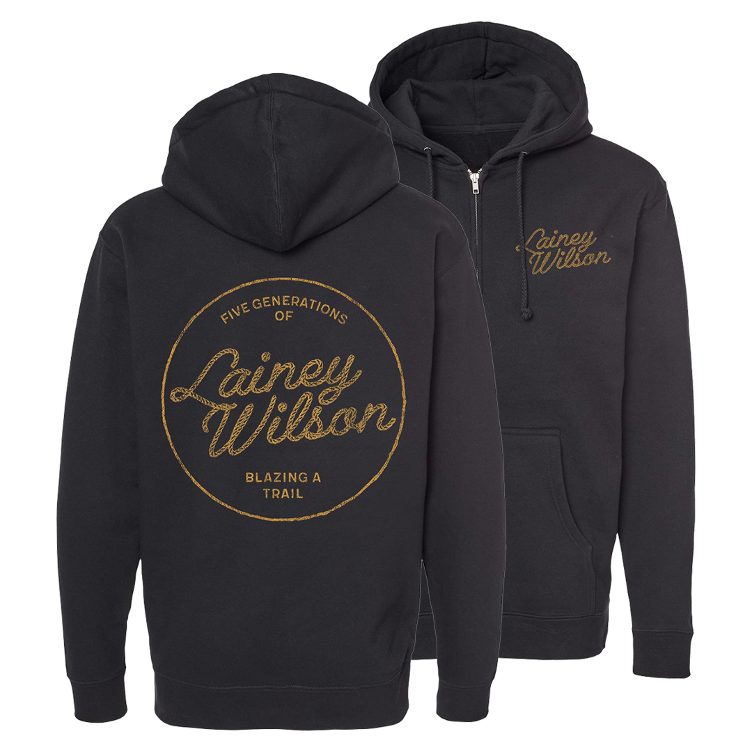Black zip-up hoodie with gold ’Lainey Wilson’ text and logo design on the back and front.