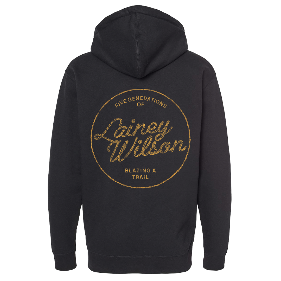 Black hoodie with gold text design on the back featuring ’Lainey Wilson’ and ’Five Generations’ branding.