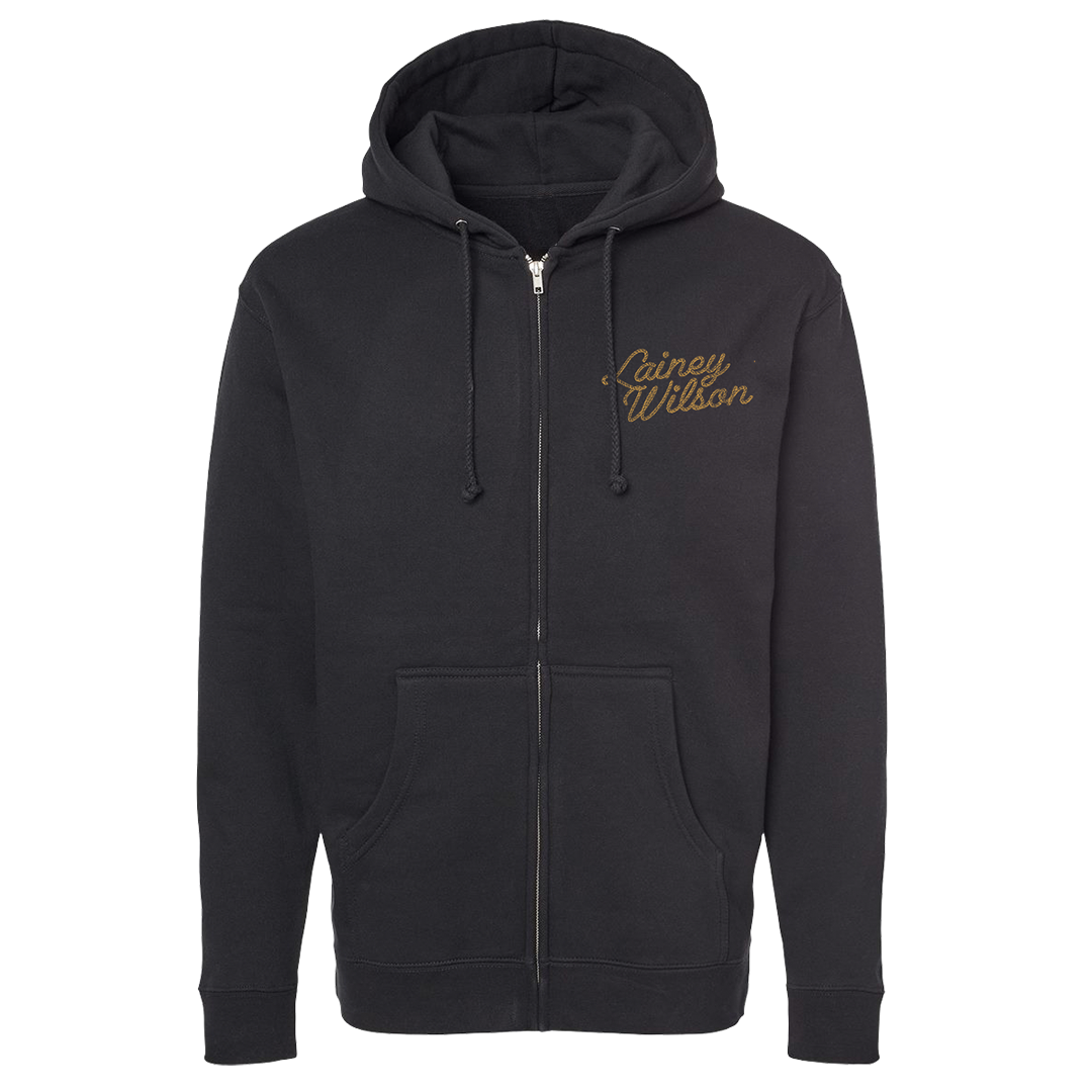 Black zip-up hoodie with ’Carney Wilson’ text embroidered on the chest.