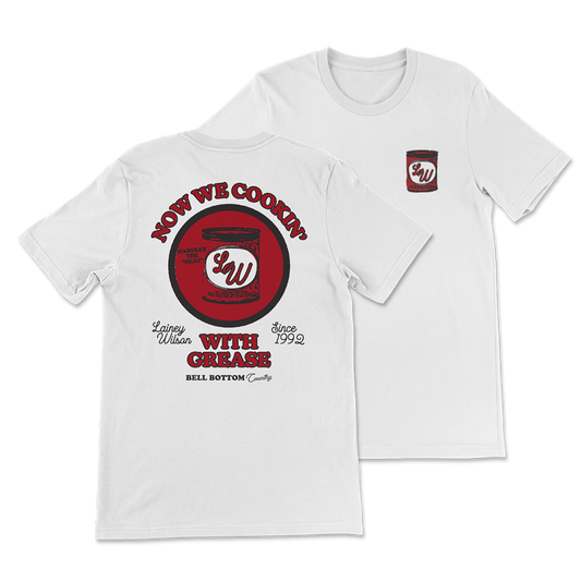 White t-shirt with red and black graphic design featuring a grease can logo.