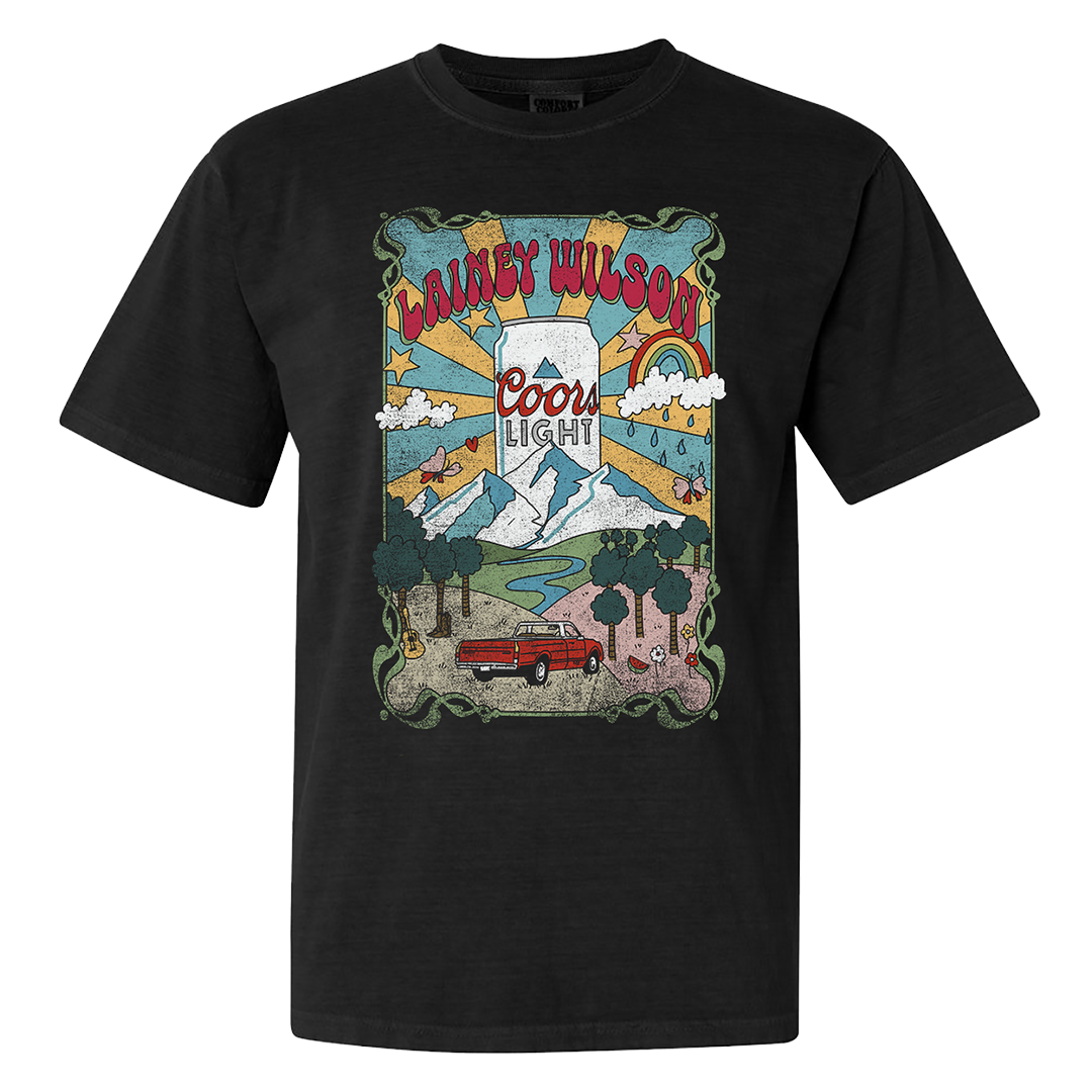 Black t-shirt featuring a colorful retro-style graphic design promoting Coors Light beer and Lainey Wilson.