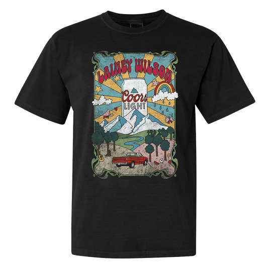 Black t-shirt featuring a colorful retro-style graphic design promoting Coors Light beer and Lainey Wilson.