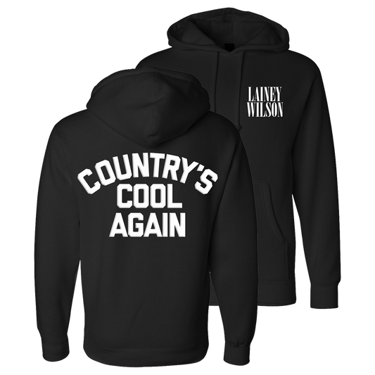 Black hoodie sweatshirt with ’Country’s Cool Again’ printed on the back and ’Lainey Wilson’ on the front.