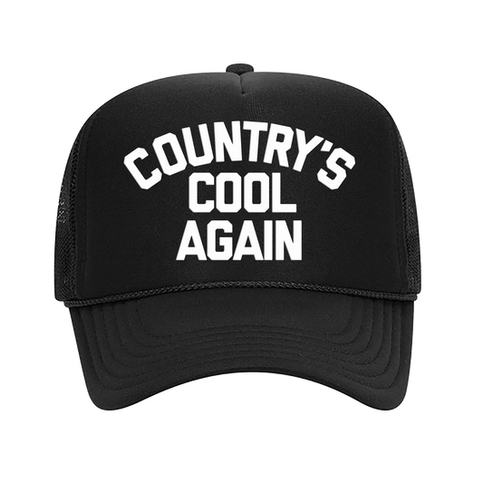 Black trucker hat with white text reading ’COUNTRY’S COOL AGAIN’ on the front.