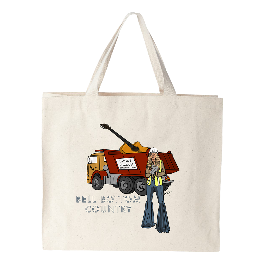Canvas tote bag with a colorful country music-themed illustration printed on it.