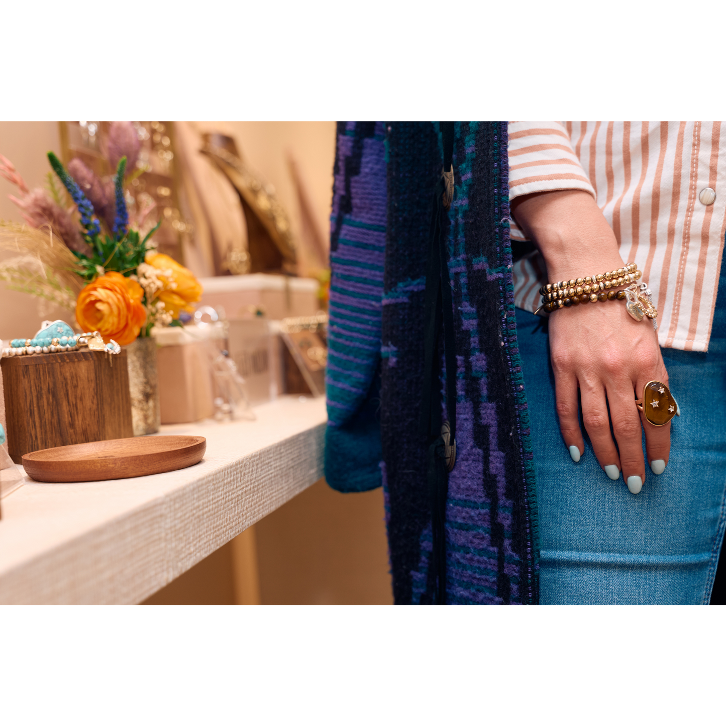 Green and Gold Beaded Charm Bracelet