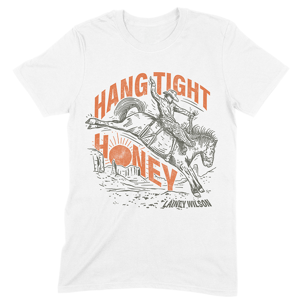 White t-shirt with a vintage-style rodeo graphic featuring a bucking horse and rider.