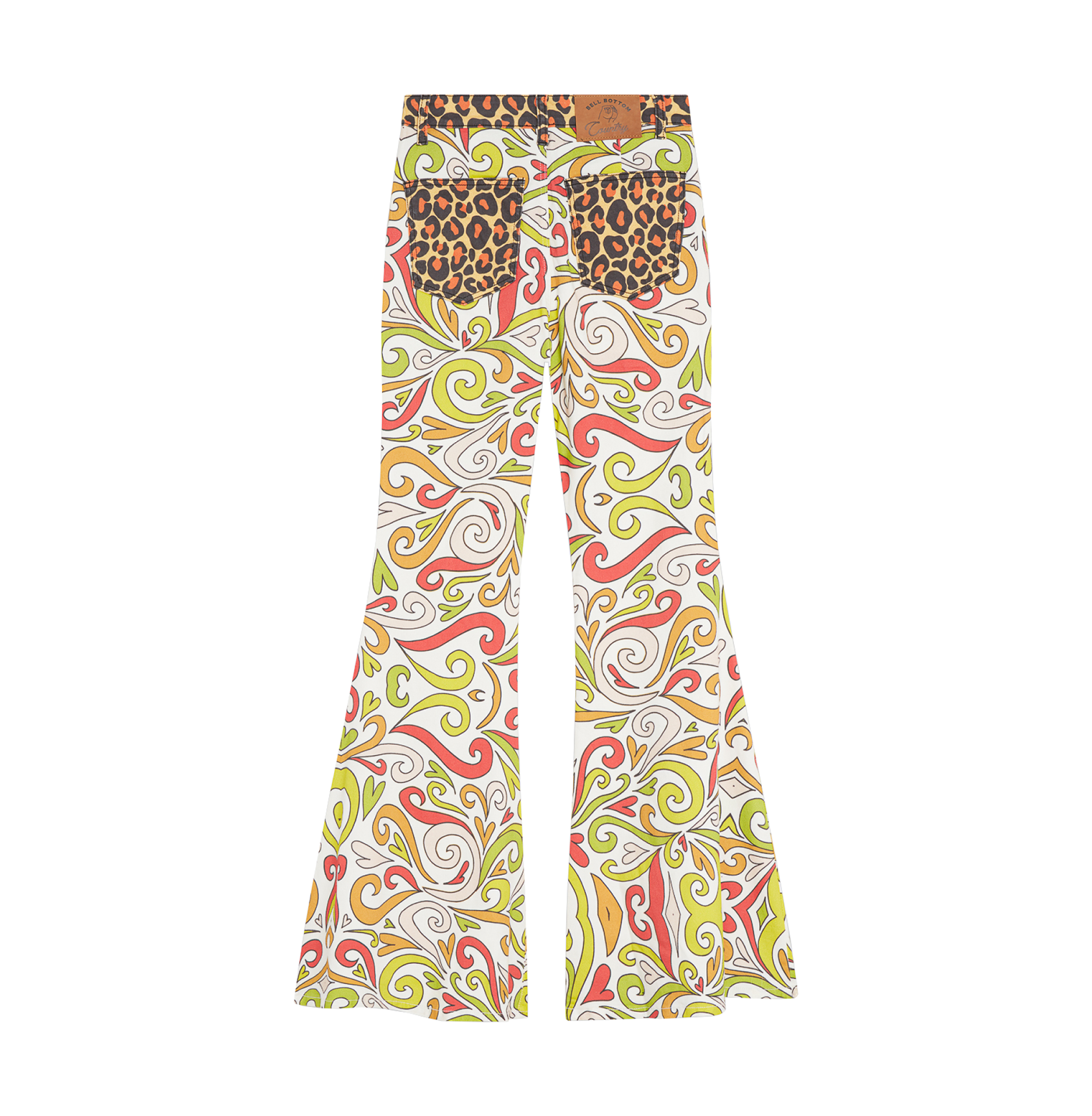 Colorful flared pants with swirling patterns and leopard print pockets.