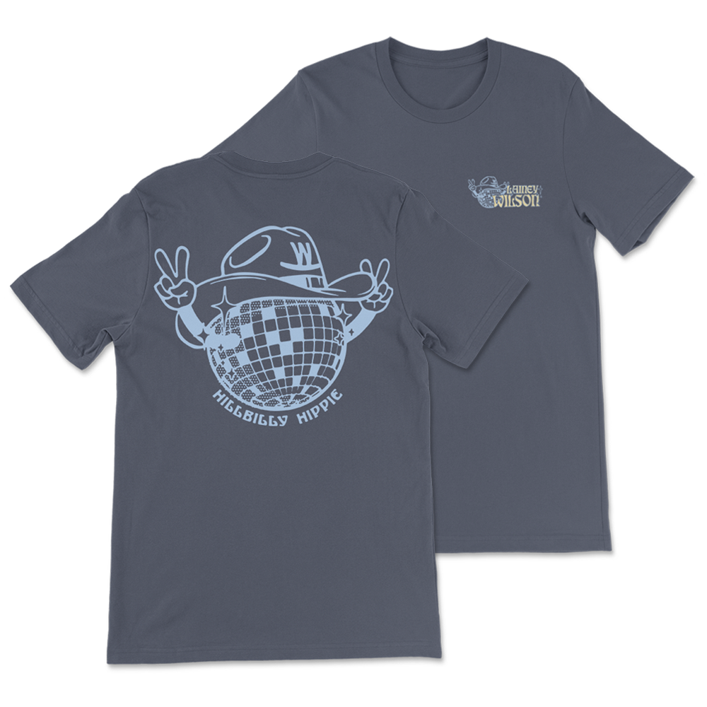 Gray t-shirt featuring a disco ball wearing a cowboy hat and making peace signs.