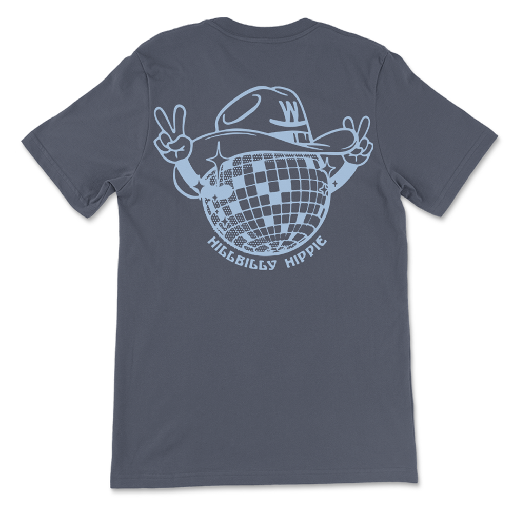 Gray t-shirt with a light blue disco ball wearing a cowboy hat design on the back.