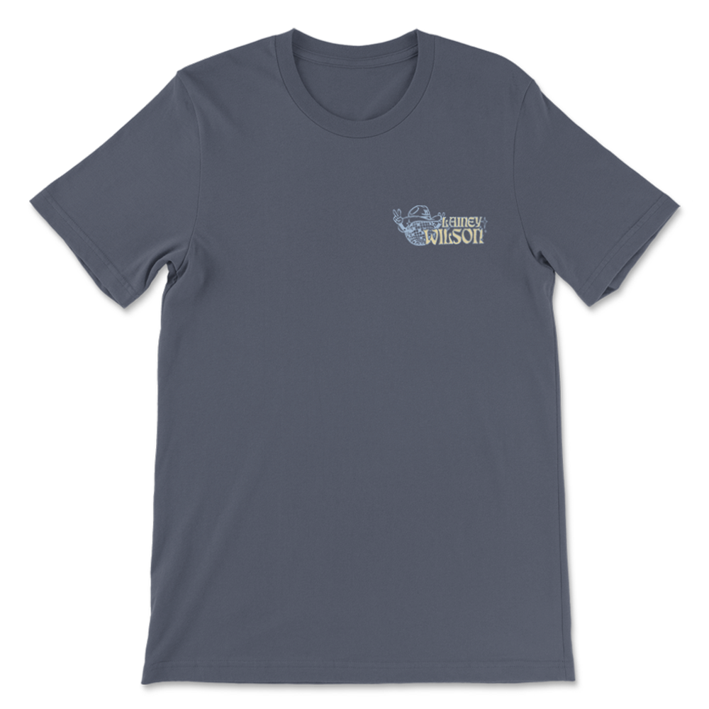 Gray t-shirt with a small logo on the upper left chest area.