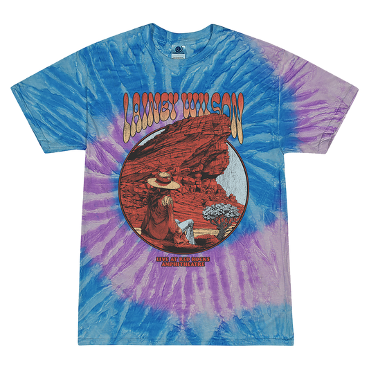 Tie-dye t-shirt featuring a Lainey Wilson concert design with a desert landscape image.