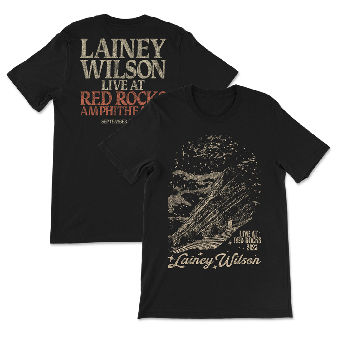 Black t-shirt with Lainey Wilson concert design on front and back.