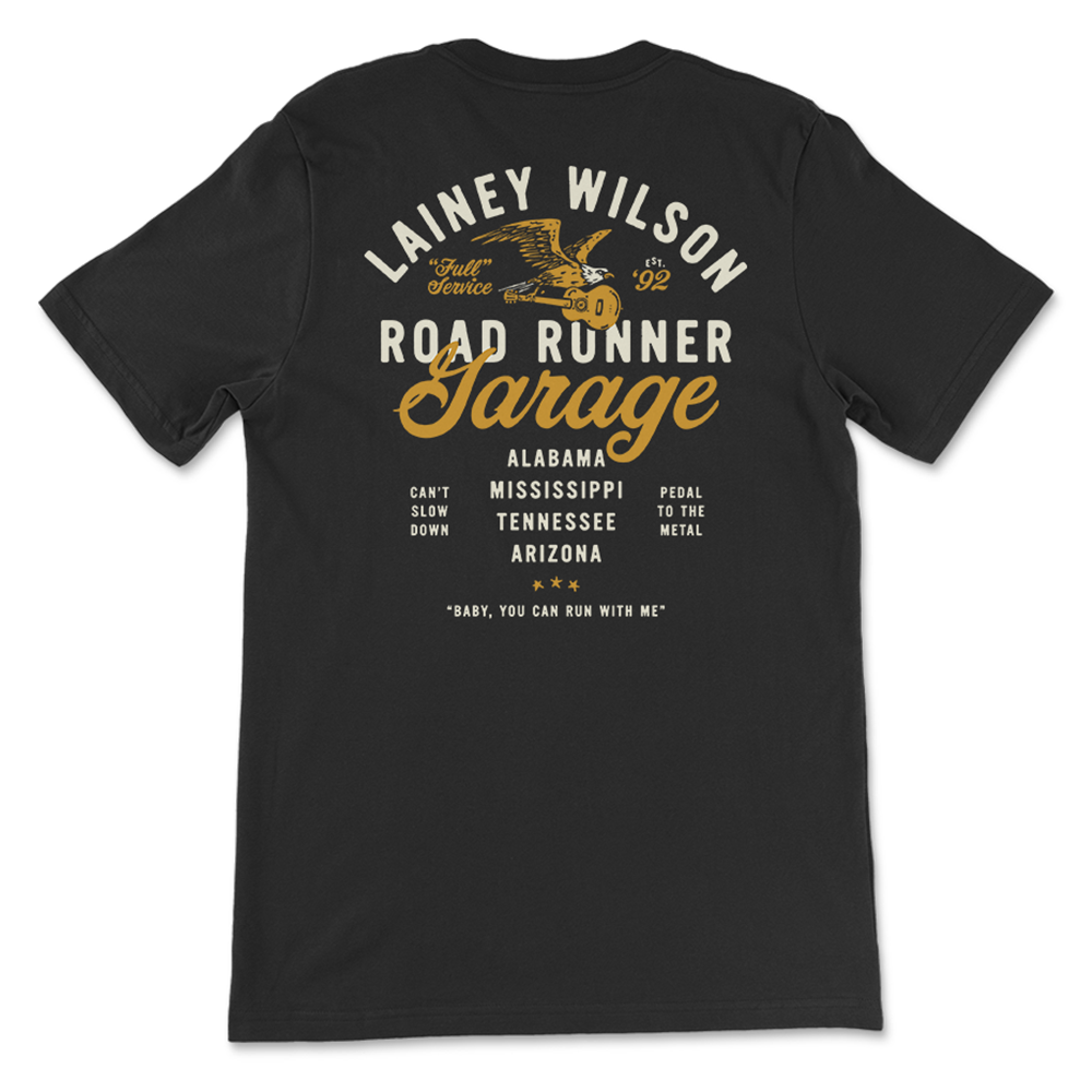 Black t-shirt with ’Lainey Wilson Road Runner Garage’ design printed on the back.