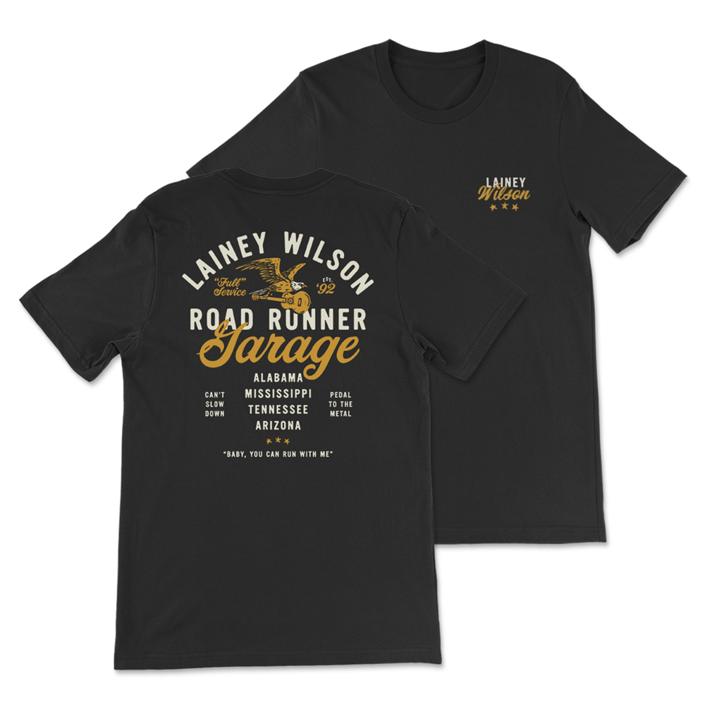 Black t-shirt with ’Lainey Wilson Road Runner Garage’ design on front and back.
