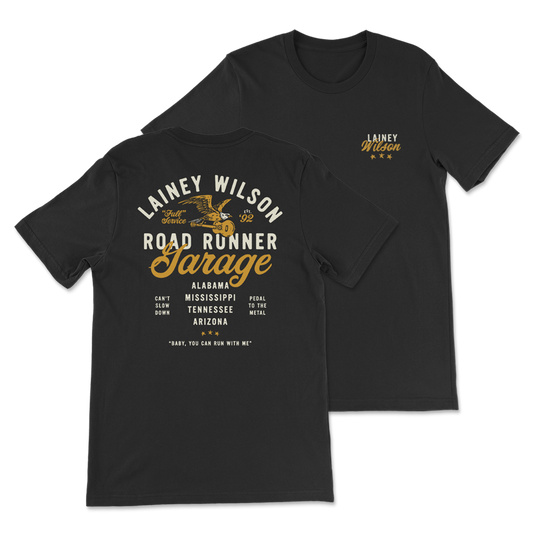 Black t-shirt with ’Lainey Wilson Road Runner Garage’ design on front and back.