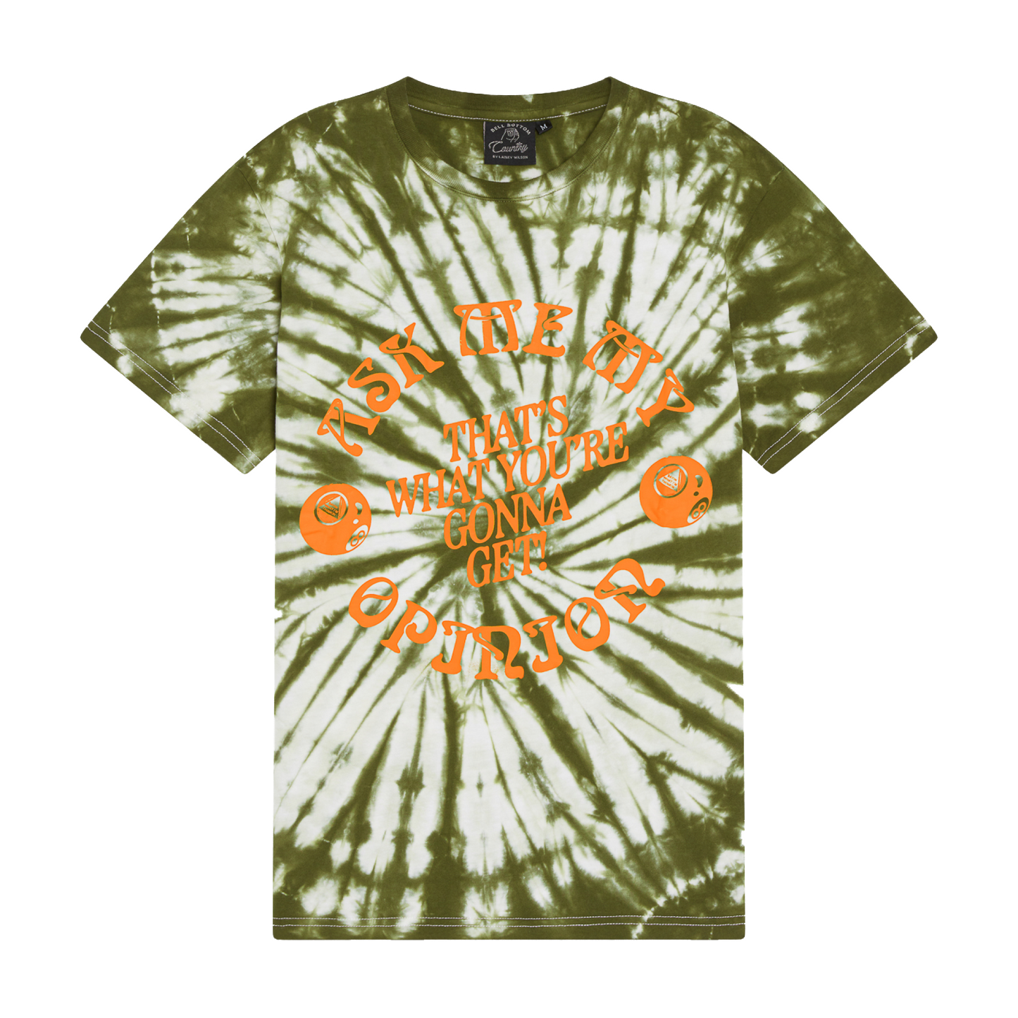 Tie-dye green and white t-shirt with orange circular text and small helmet graphics.
