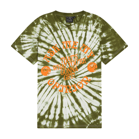 Tie-dye green and white t-shirt with orange circular text and small helmet graphics.