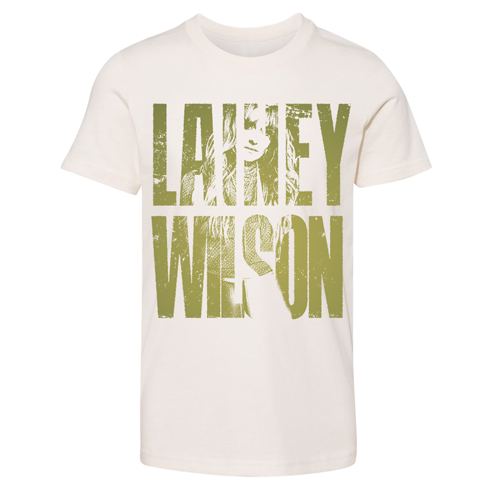 White t-shirt with ’LARNEY WILSON’ printed in green letters incorporating a stylized face design.