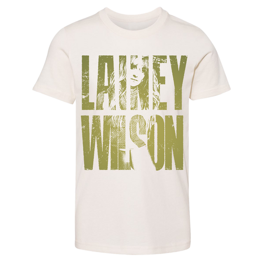 White t-shirt with ’LARNEY WILSON’ printed in green letters incorporating a stylized face design.