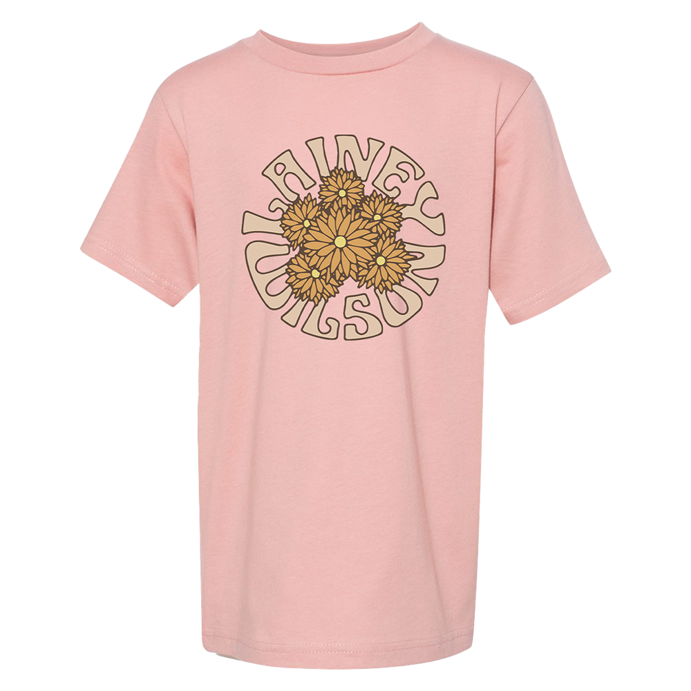Pink t-shirt with a circular sunflower design and text reading ’Ring of Sun’.