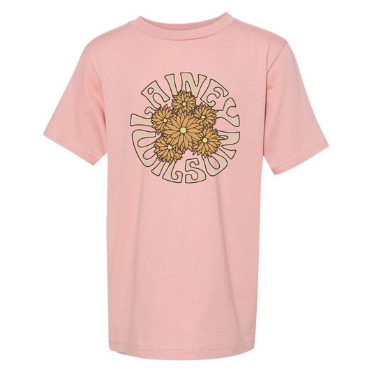 Pink t-shirt with a circular sunflower design and text reading ’Ring of Sun’.