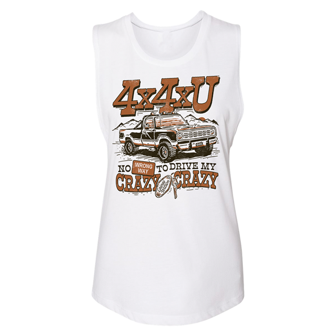 White sleeveless t-shirt with a 4x4 truck design and text printed on the front.