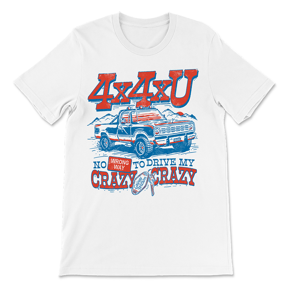 White t-shirt with a colorful graphic design featuring a 4x4 truck and text.