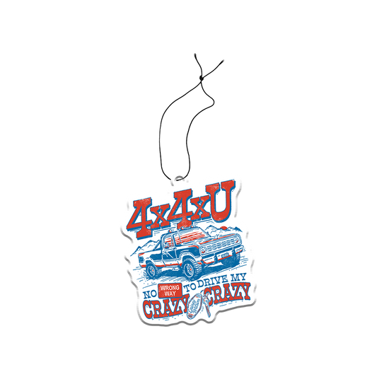 Car-themed hanging ornament or air freshener with ’4x4U’ text and an off-road truck illustration.