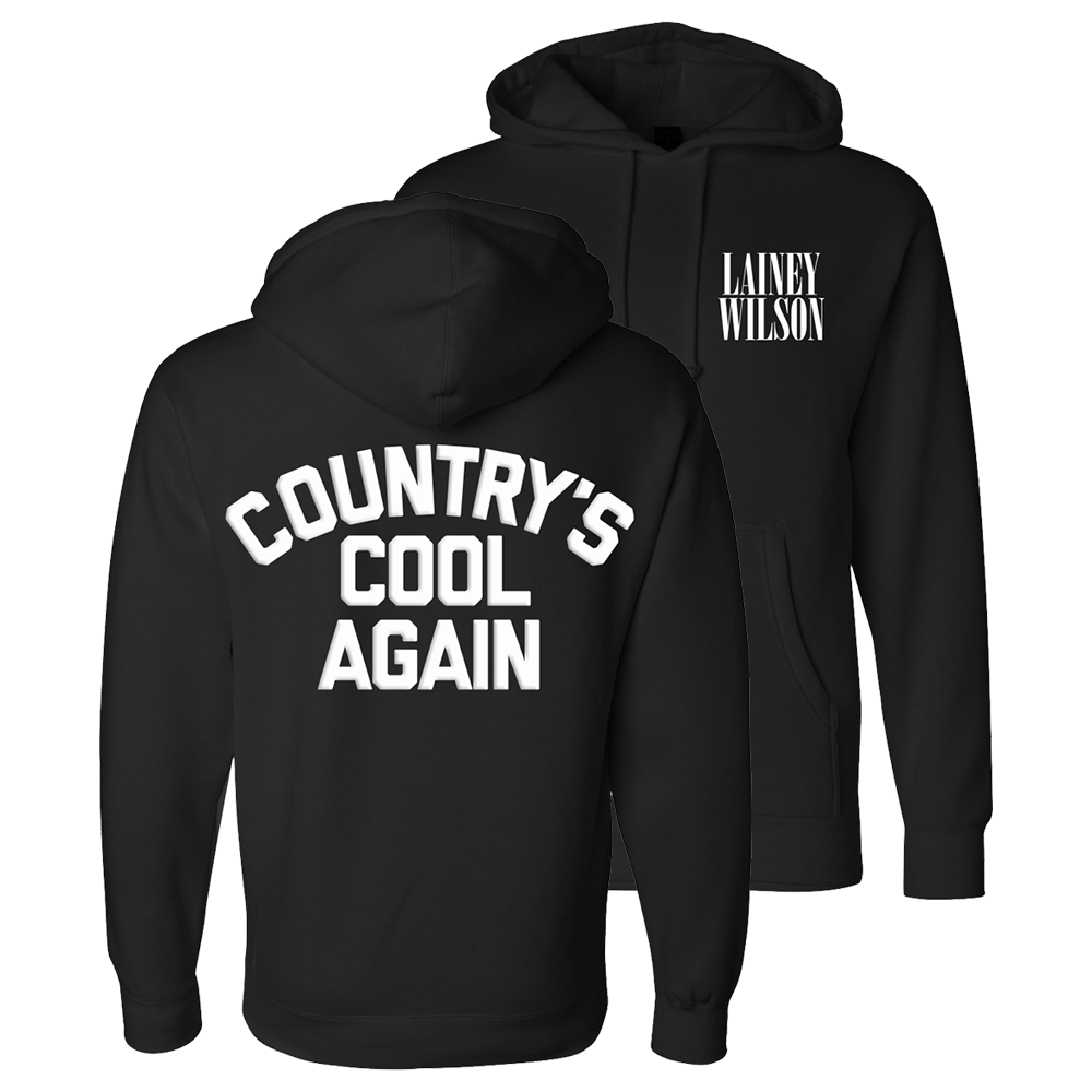 Black hoodie sweatshirt with ’Country’s Cool Again’ printed on the back and ’Lainey Wilson’ on the front.