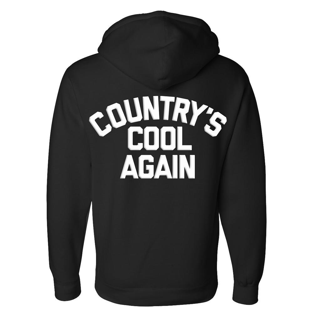 Black hoodie sweatshirt with white text reading ’COUNTRY’S COOL AGAIN’ on the back.