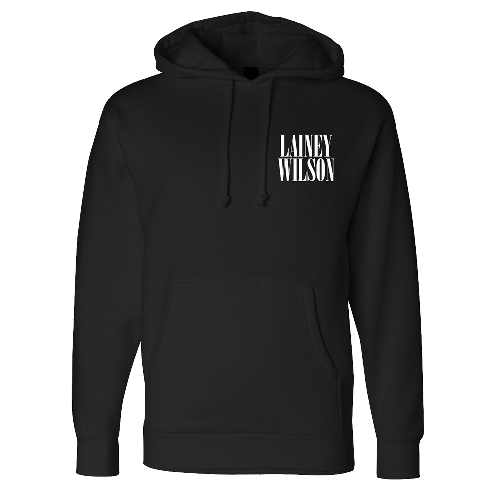 Black hoodie with ’LAINEY WILSON’ printed in white text on the chest.