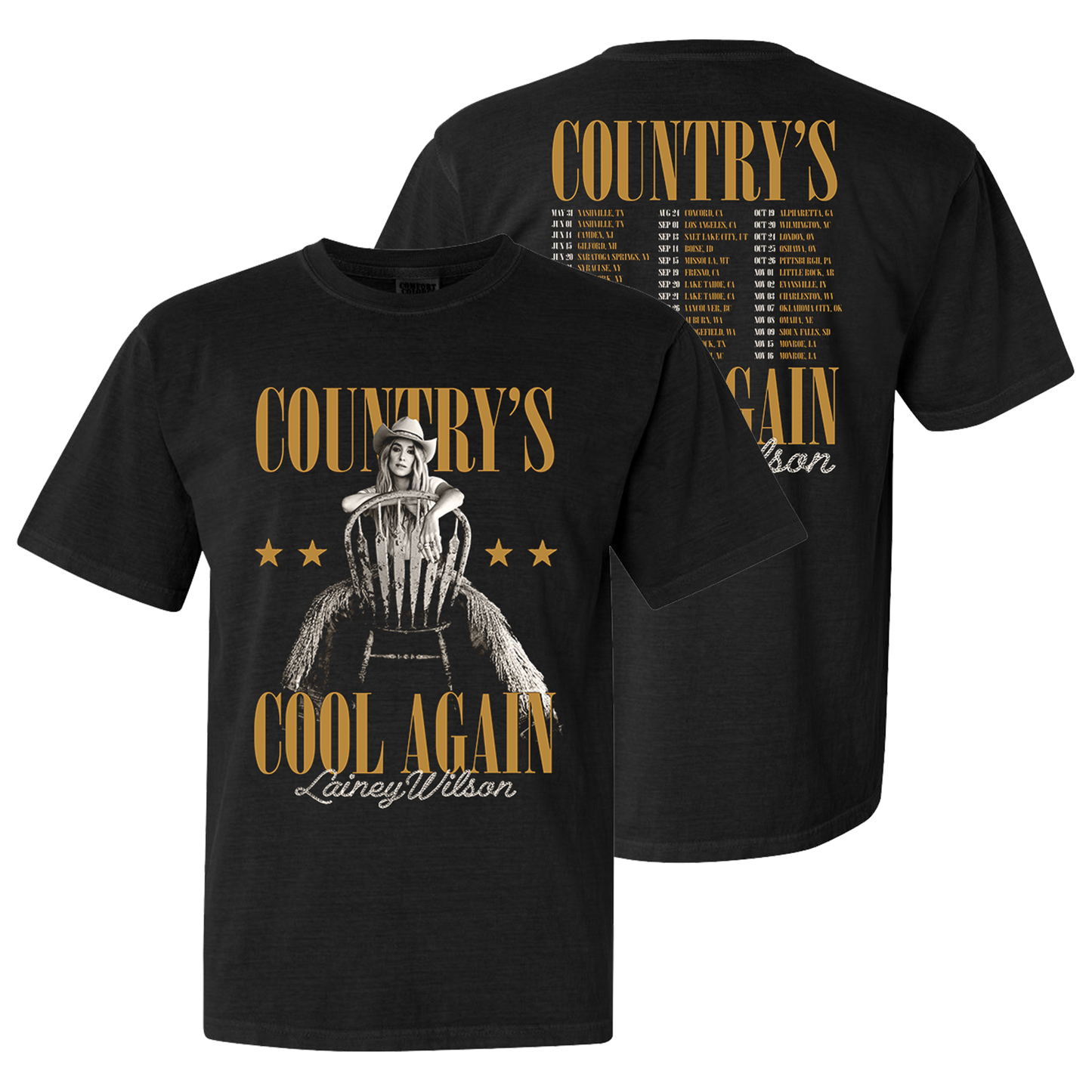 Black t-shirt with ’Country’s Cool Again’ design featuring a country music artist on the front and tour dates on the back.