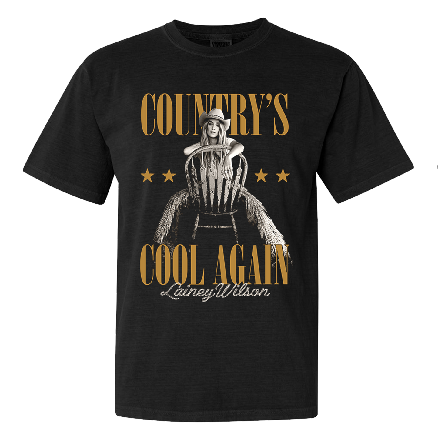 Black t-shirt with ’Country’s Cool Again’ text and an image of a woman in a cowboy hat sitting on a chair.