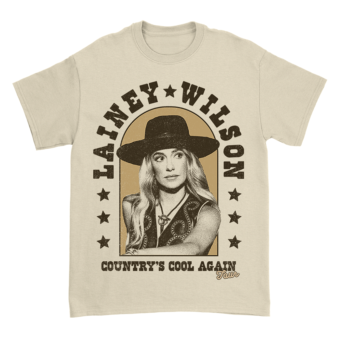 Beige t-shirt featuring a country music-themed graphic design with a woman’s portrait and text.