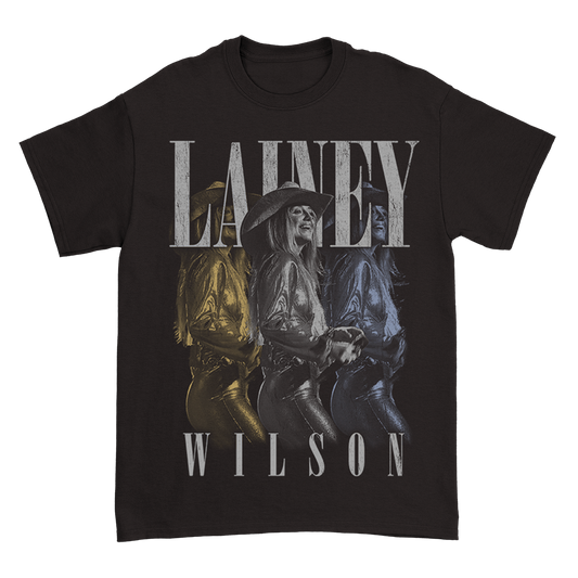 Official Lainey Wilson Merchandise. Black, 100% cotton unisex t-shirt with a repeat photo of Lainey Wilson.