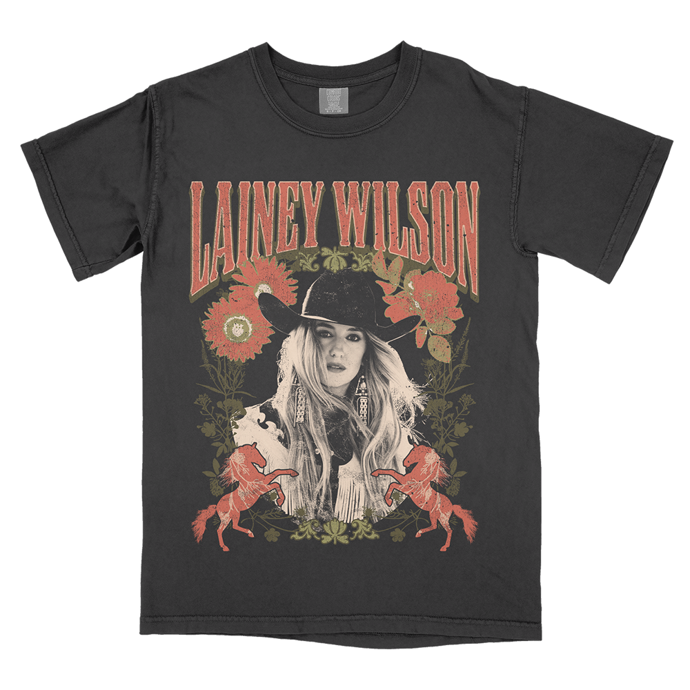 Black t-shirt featuring a country music-style graphic design with the name ’Lainey Wilson’ prominently displayed.