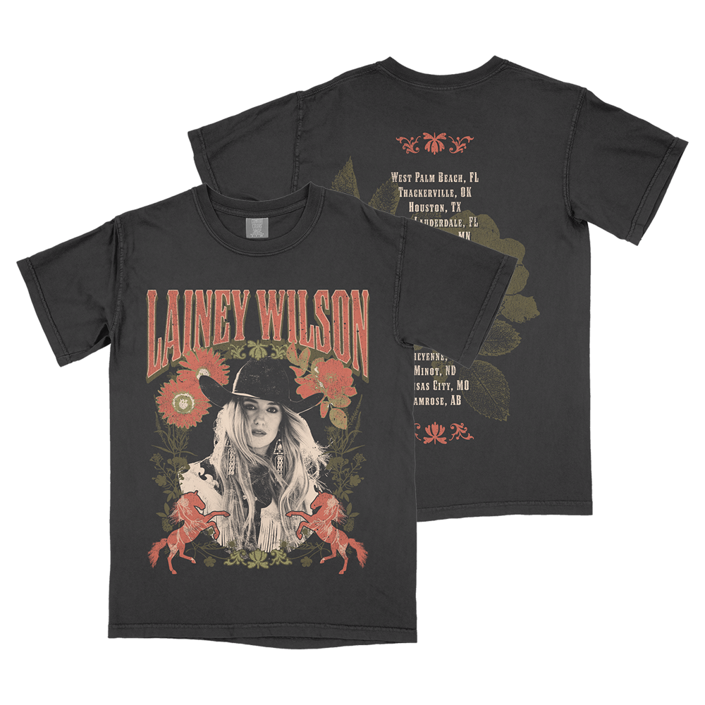 Black t-shirt with Lainey Wilson tour merchandise design featuring her image and tour dates.