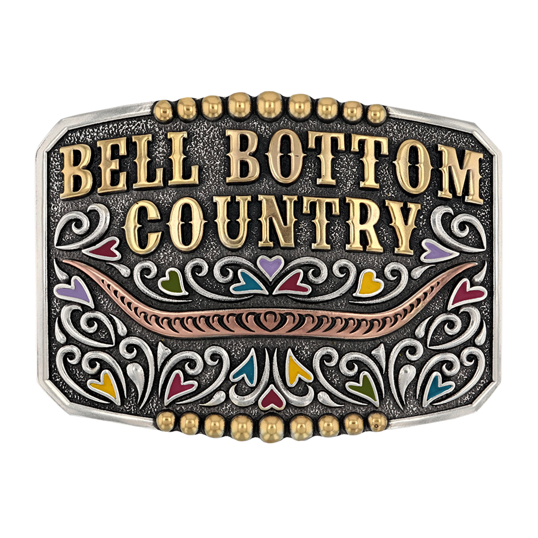 Ornate belt buckle with ’Bell Bottom Country’ text and colorful decorative elements.