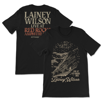Black t-shirt with Lainey Wilson concert design on front and back.