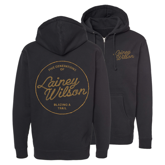 Black zip-up hoodie with gold ’Lainey Wilson’ text and logo design on the back and front.