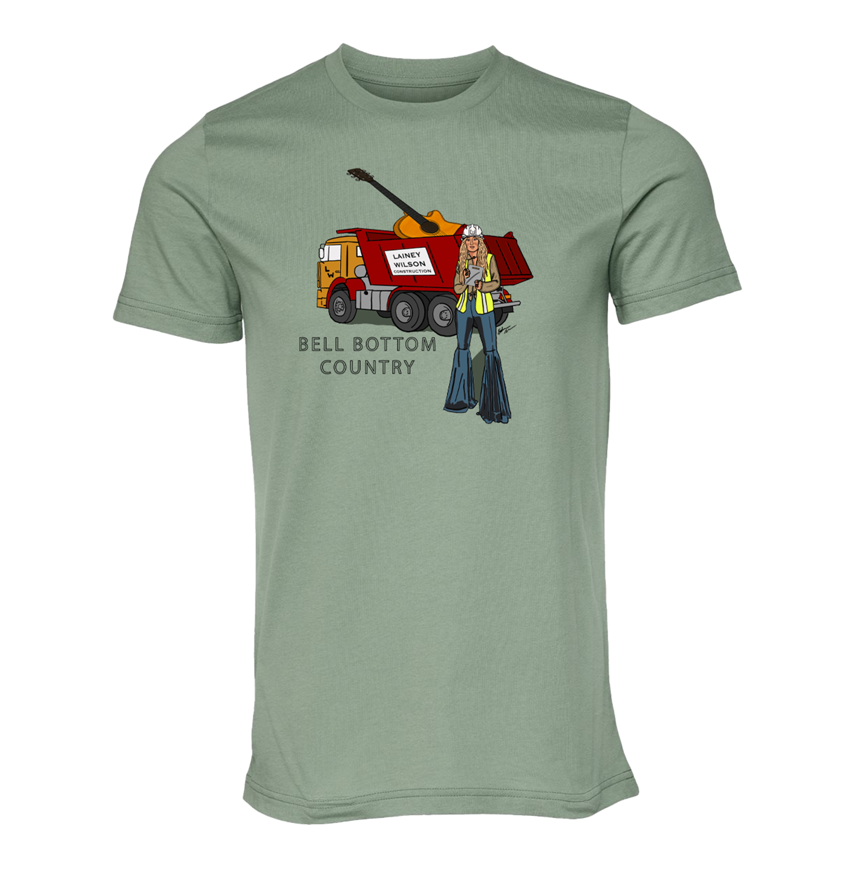Sage green t-shirt with a ’Bell Bottom Country’ graphic design featuring a dump truck and a 1970s-style woman.