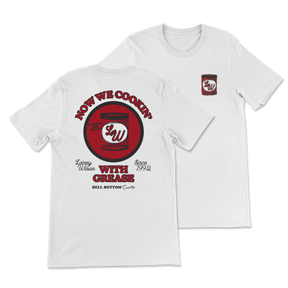White t-shirt with red and black graphic design featuring a grease can logo.