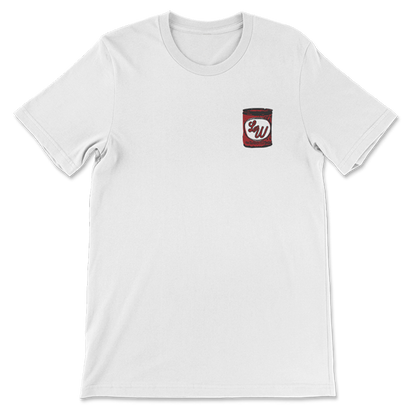 White t-shirt with a small red and black logo on the chest.