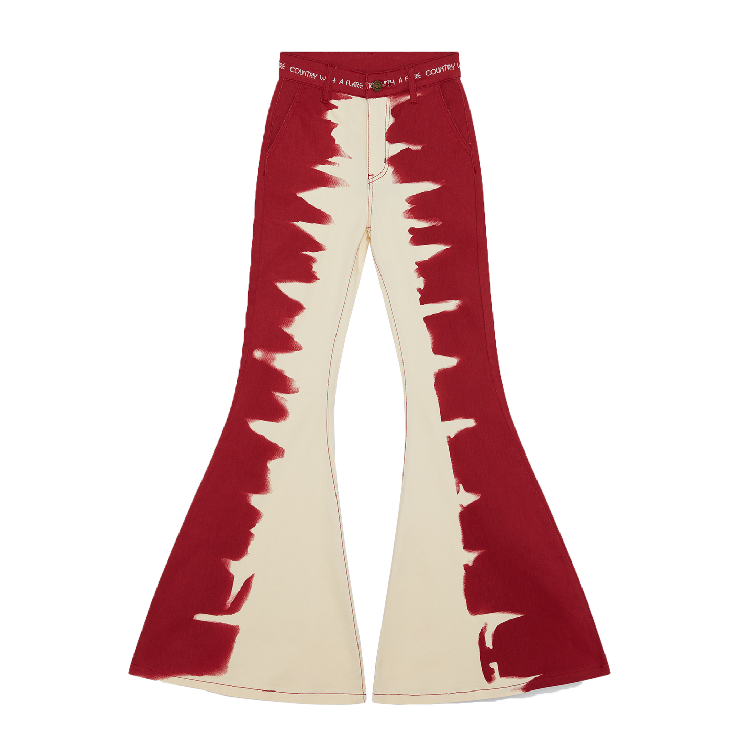 Red and cream-colored flared pants with a jagged pattern design.