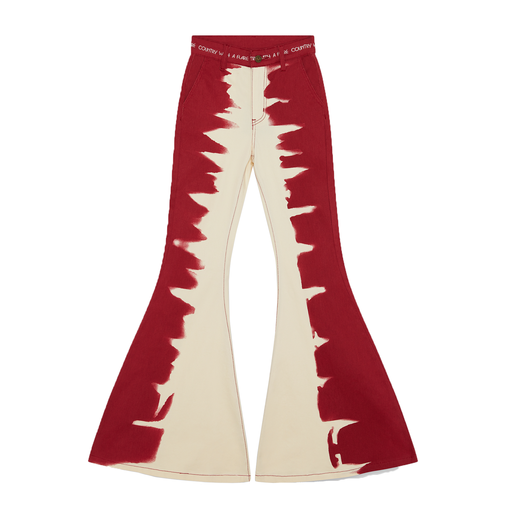 Red and cream-colored flared pants with a jagged pattern design.